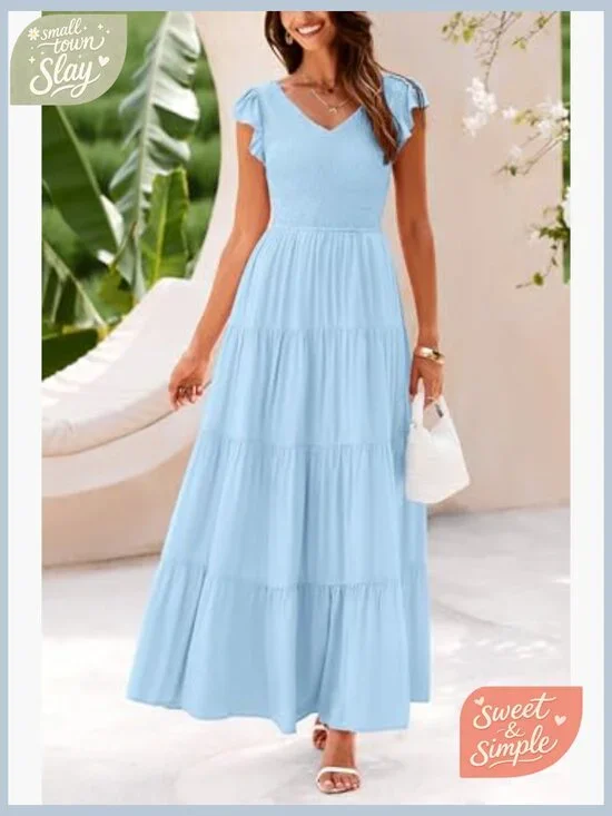 Flowy Maxi Dress with Smocked Top V Neck Cap Sleeve Summer Casual - Picture 3 of 7